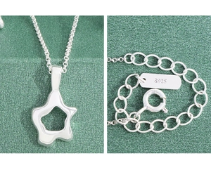 Detail of S925 sterling silver stamp on irregular hollow star necklace clasp