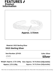 Detailed specs of S925 sterling silver twisted ring with 3.15mm width and 14 size