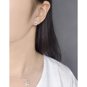 Minimalist S925 sterling silver hollow star necklace and earrings set worn by a model