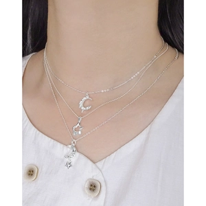 Three-layer S925 sterling silver necklace featuring celestial star and moon pendants