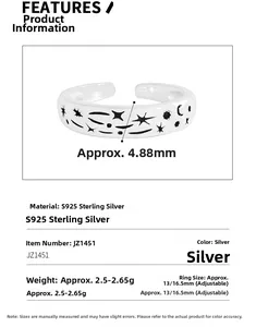 Detail view of S925 silver ring featuring moon star engravings and 4.88mm width specs