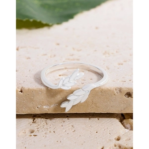 S925 sterling silver adjustable open ring with wheat leaf design on stone surface