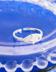 Detailed view of S925 sterling silver star ring with celestial orbital design on a tray