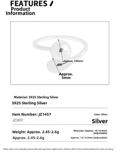Detailed S925 sterling silver ring dimensions showing translucent bead and size specs