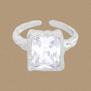 925 Sterling Silver Lava Texture Adjustable Open Ring For Women Large Rectangle Rhinestone Light Luxury Niche Jewelry