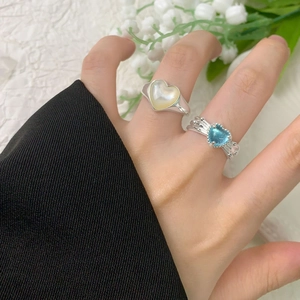 Anelli aperti in argento S925 con conchiglie a cuore e pietre blu per donne