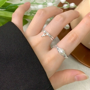 Minimalistisches S925 Sterling Silber Ring-Set mit Schleife und runder Perle