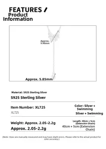 Detailed S925 sterling silver necklace specs showing 40cm chain and bow heart pendant