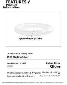 Details des S925 Sterling Silber Ringes mit 3mm Breite und technischen Gewichtsangaben