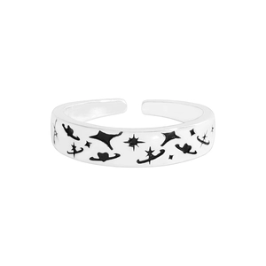 Minimalistischer S925 Silberring mit schwarzem Emaille-Planeten- und Stern-Graffiti-Muster