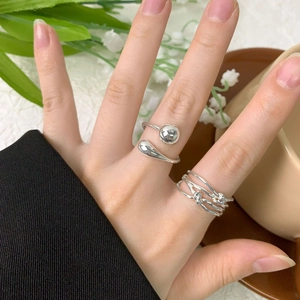 S925 sterling silver geometric water drop and round bead open rings set for women