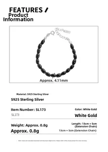 Macro detail of S925 sterling silver clasp and 4.11mm black onyx beads with S925 stamp