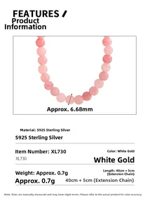 Macro shot of S925 sterling silver pink bead necklace with 6.68mm size measurements