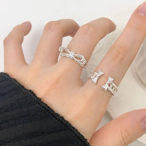 S925 Sterling silver double-layer bow open ring with twisted texture for women