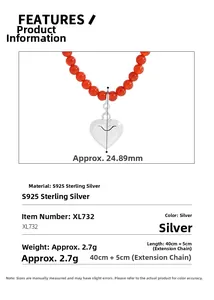 Détails du collier cœur en argent S925 avec perles d'agate rouge et spécifications