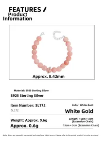 S925 sterling silver pink agate beaded bracelet with adjustable 15cm to 3cm chain extension