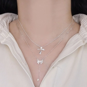 Elegant S925 silver double layer necklace with bow heart and cross pendant for women