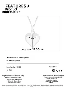 Detail showing S925 sterling silver heart pendant dimensions and technical specifications