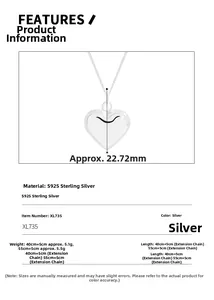 Detailed size specifications for S925 sterling silver heart pendant necklace with dimensions