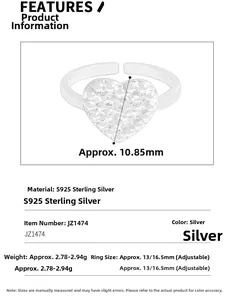 Detailed specs of S925 sterling silver lava texture heart ring with adjustable band