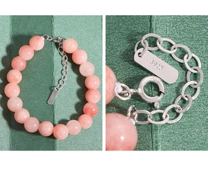 Macro detail of S925 sterling silver clasp and natural pink agate beaded bracelet