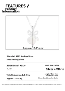 Detail view of S925 sterling silver bow heart necklace with dimensions and specifications