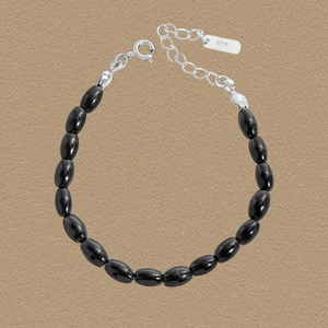 925 Sterling Silver Black Agate Beaded Bracelet For Women Minimalist Elegant Oval Rice Bead Adjustable Chain Hand Jewelry Gift