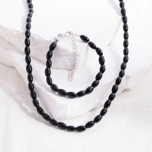 Elegant S925 silver beaded bracelet and necklace set with oval black onyx beads