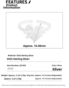 Detailed size specifications for the S925 sterling silver heart bow open ring