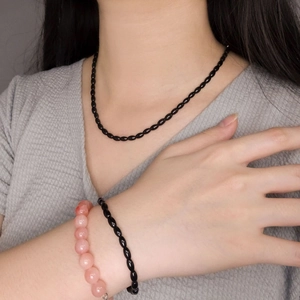 S925 silver beaded bracelet and necklace set with black onyx and pink stone for women