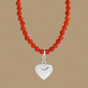 Collier Pendentif Cœur en Agate Rouge et Argent Sterling 925 pour Femmes Style INS Coréen Minimaliste Bijoux Chaîne de Clavicule Cadeau