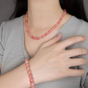 Natural pink agate beaded necklace and bracelet set in S925 sterling silver for women