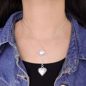 Minimalist S925 sterling silver double-layer heart pendant necklace on model