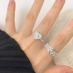 S925 sterling silver lava texture heart rings set for women in elegant silver finish