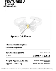 Detail view of S925 sterling silver bow ring with marquise yellow zircon and dimensions