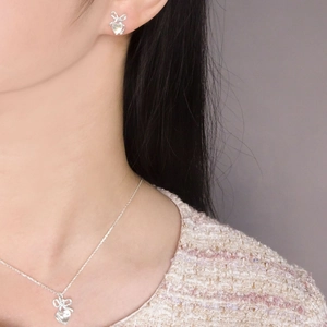 S925 sterling silver bowknot jewelry set with heart moonstone necklace and earrings