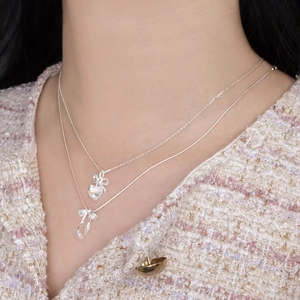 S925 sterling silver heart and ribbon bow layered necklaces for women worn on neck