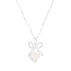 S925 Sterling Silver Bowknot Necklace with Heart Moonstone Pendant on White Background