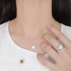 Parure collier et bague en argent S925 avec pendentif cœur au design origami élégant