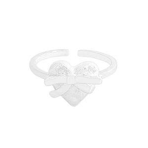 S925 sterling silver bow heart open ring with elegant embossed details on white background