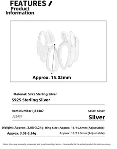 Specifications for S925 sterling silver adjustable ring with 15.02mm width and 3.2g weight