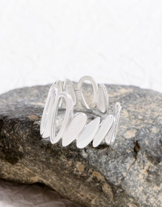Macro shot of S925 sterling silver ring featuring a polished irregular wave design