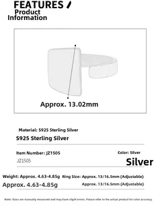 Detailed size specifications of the minimalist S925 sterling silver square geometric ring
