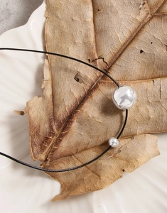 Macro shot of S925 silver spheres on black cord necklace with minimalist leaf background