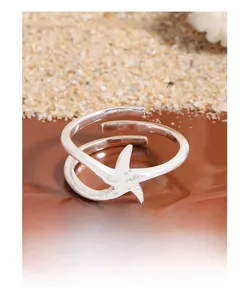 Detailed view of S925 sterling silver starfish ring with a triple-layered wrap design