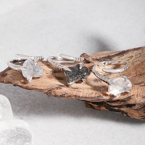 S925 silver snake-shaped rings with raw rutilated quartz and black crystal stones