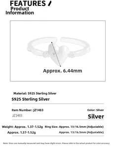 Detail specifications of S925 sterling silver heart ring with matte finish and 6.44mm width