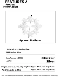 Detailed specs of S925 sterling silver flower ring with adjustable size and weight info