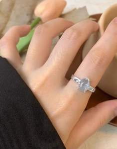 Detailed view of an oval natural aquamarine ring in S925 sterling silver on finger