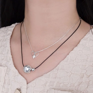 Minimalist S925 silver heart and ball pendant necklace layered with black cord for women